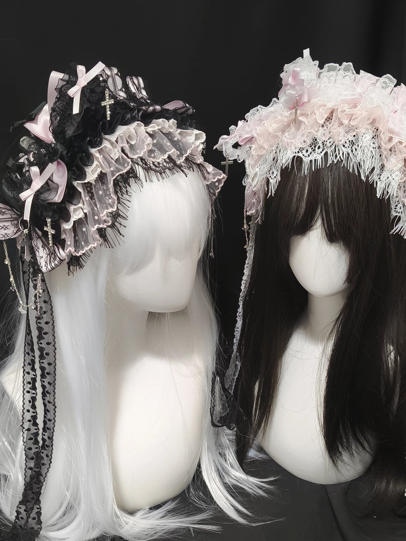 Dokisuru - Cross Lace - Heavily Embellished Lace Hairband with Bows and Cross Accents