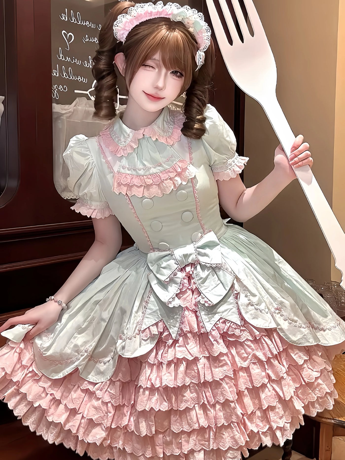 Tata Long Ear - Melon Parfait - Short-Sleeve OP Dress with Layered Ruffles