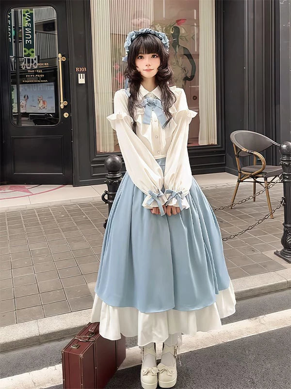 Sweet Lolita two-piece set: white Peter Pan collar blouse and powder blue tiered half skirt, size S