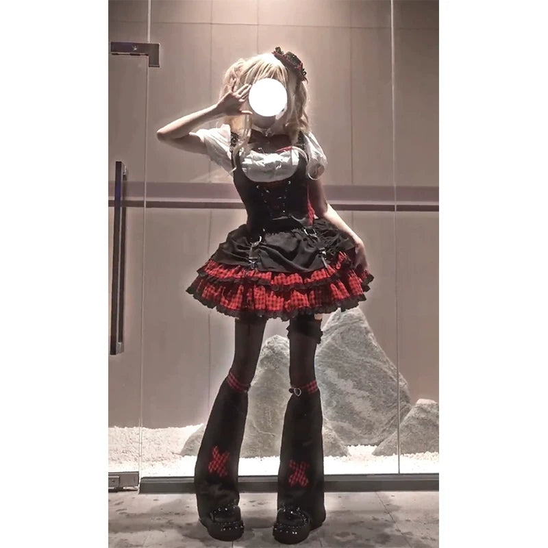 Creamy - Midnight Idol - Black-and-Red Four-Piece Lolita Set with Plaid Ruffles