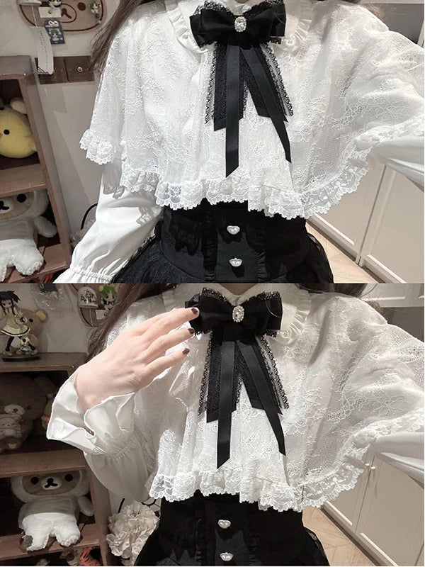 Creamy - Refined Cape - Cape blouse and short skirt set with lace trim