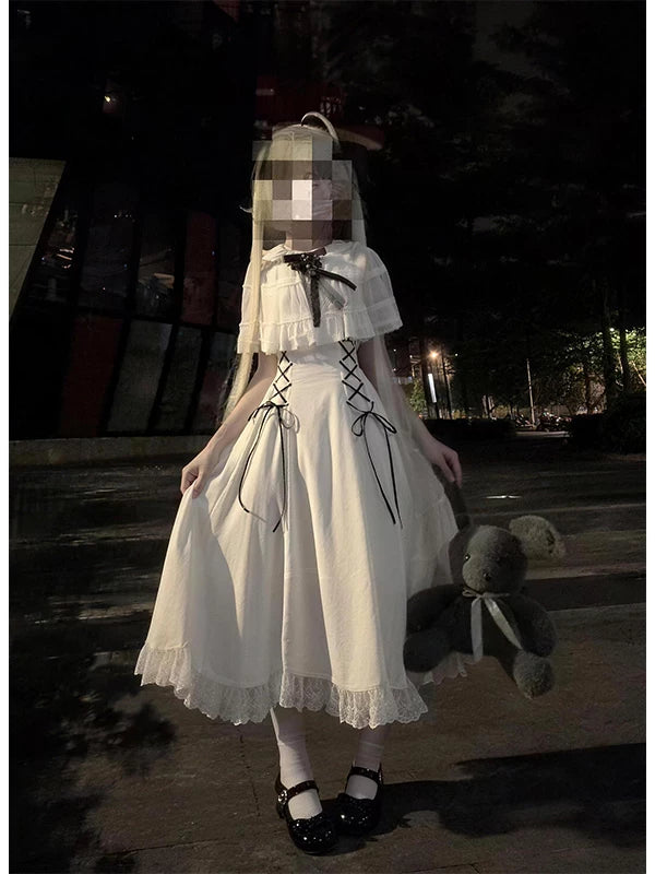 Creamy - Bow-Laced - White Lolita Dress with a Full Skirt and Waist Ties