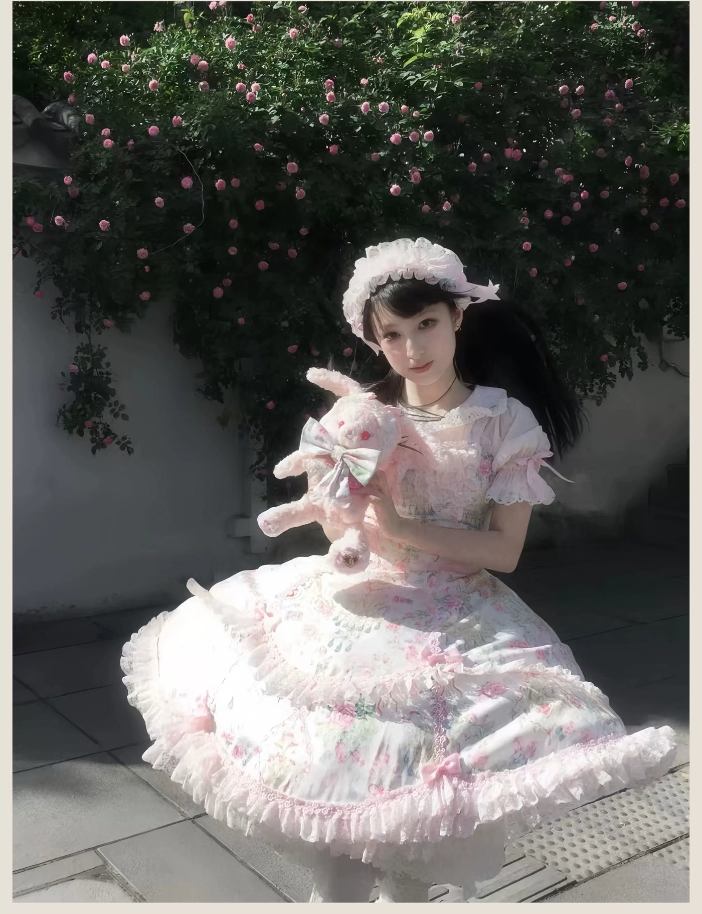 Tata Long Ear - Spring 2025 Floral Wall - Floral Print JSK Dress with Layered Lace Ruffles