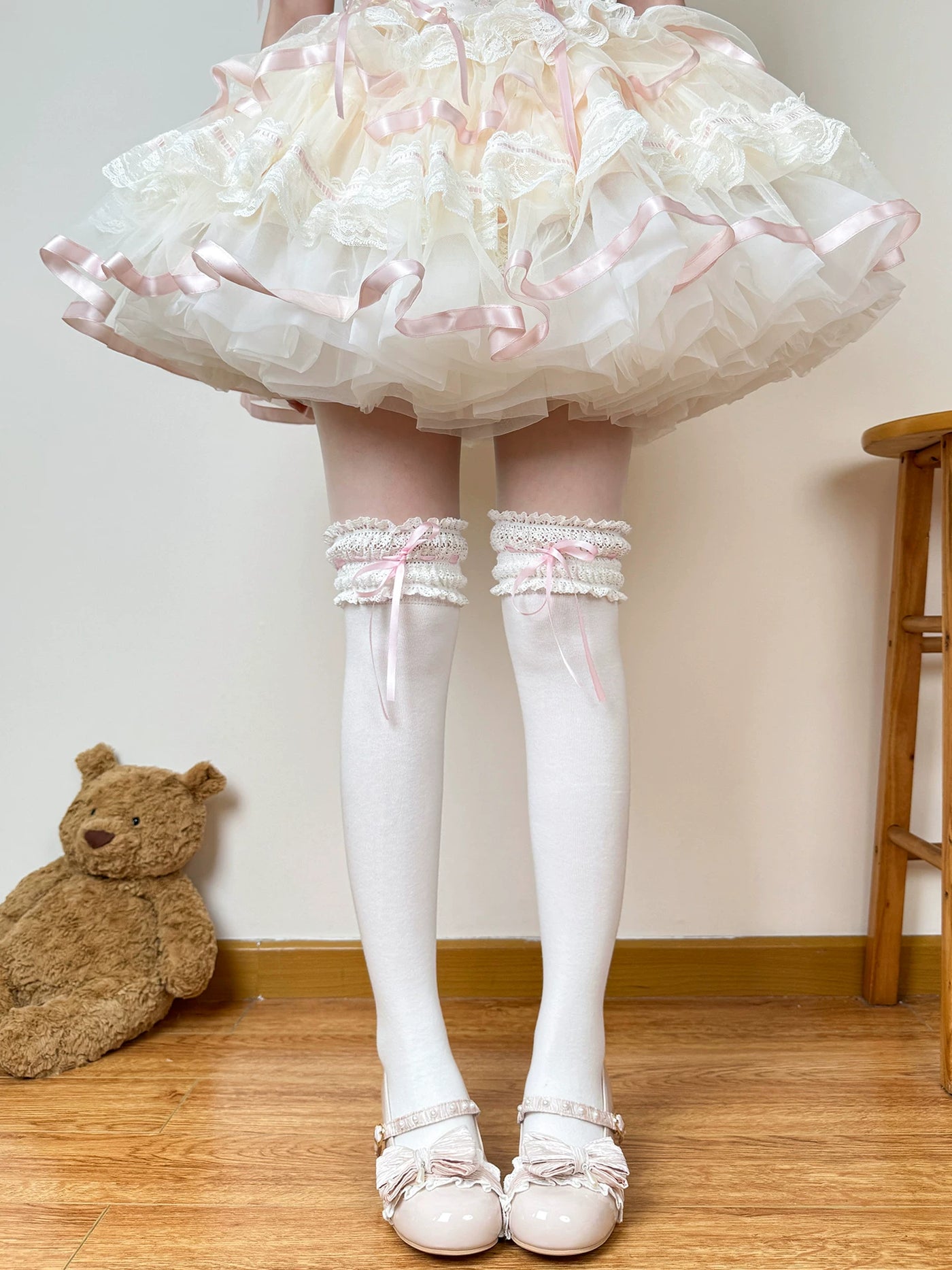 Chubby Bear Tales - Cream Ballet - White Lace Socks with Ribbon Trim