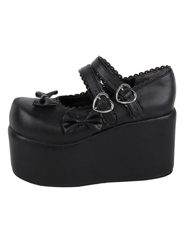 Black Angelic imprint punk Lolita shoes with platform sole, bows, and heart-shaped buckles