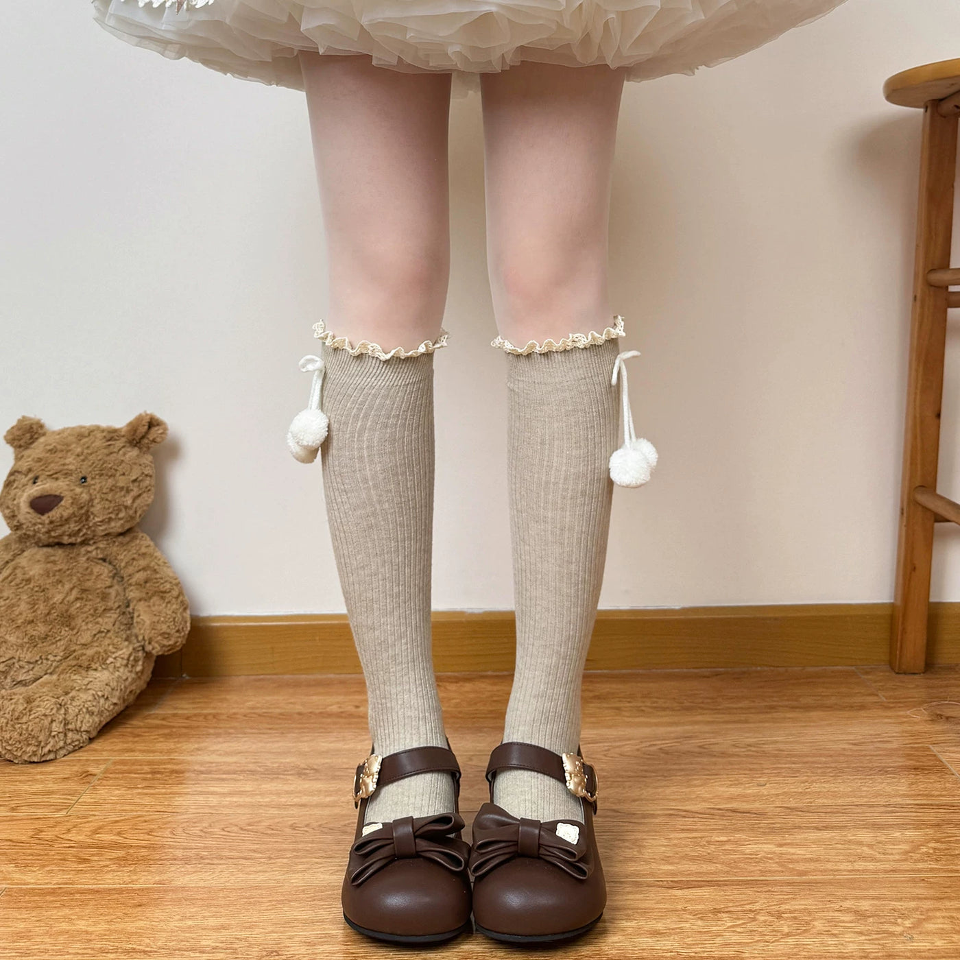Chubby Bear Tales - Winter Pom-Pom Scrunch Socks - Mid-Calf Socks with Lace Cuffs