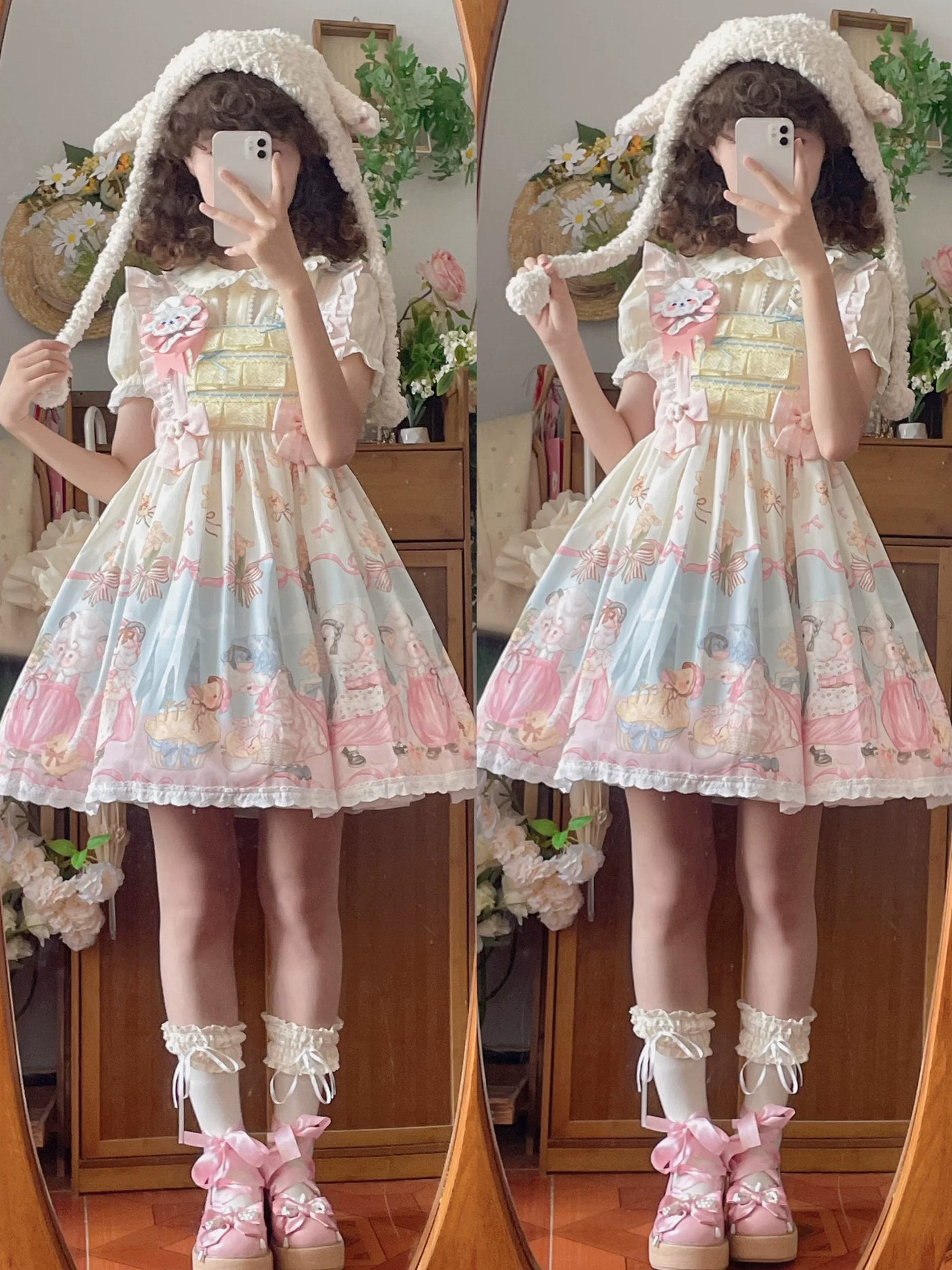 Cat Upon Cat - Sheep Waltz - Printed JSK with a Lace-Trimmed Hem
