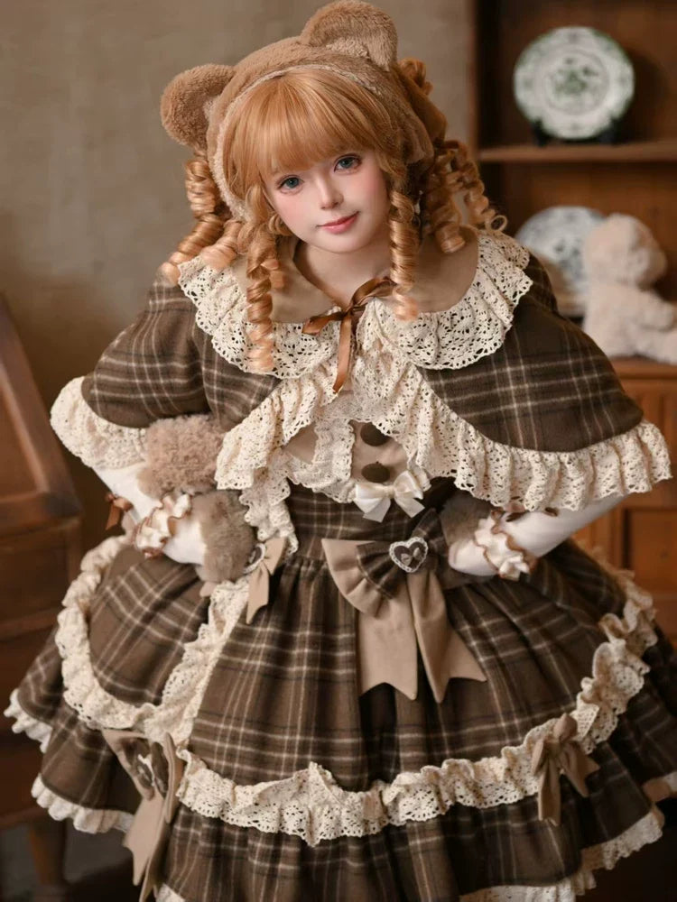 Qianmu - Choco Chestnut - Plaid Kawaii Lolita JSK Dress, Peter Pan Collar Cape