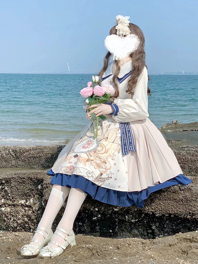 Baozi Pig - Blue Crest - Long-Sleeve One-Piece Dress with Blue Trim