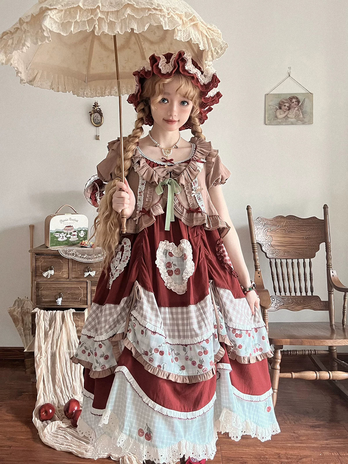 Baozi Pig - Cherry Pastoral - Red OP Dress with Cherry Print
