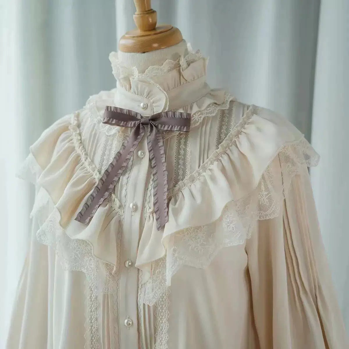 Sweetheart Dream Machine - Surface Spell - High-Neck Chiffon Blouse with Lace Ruffles