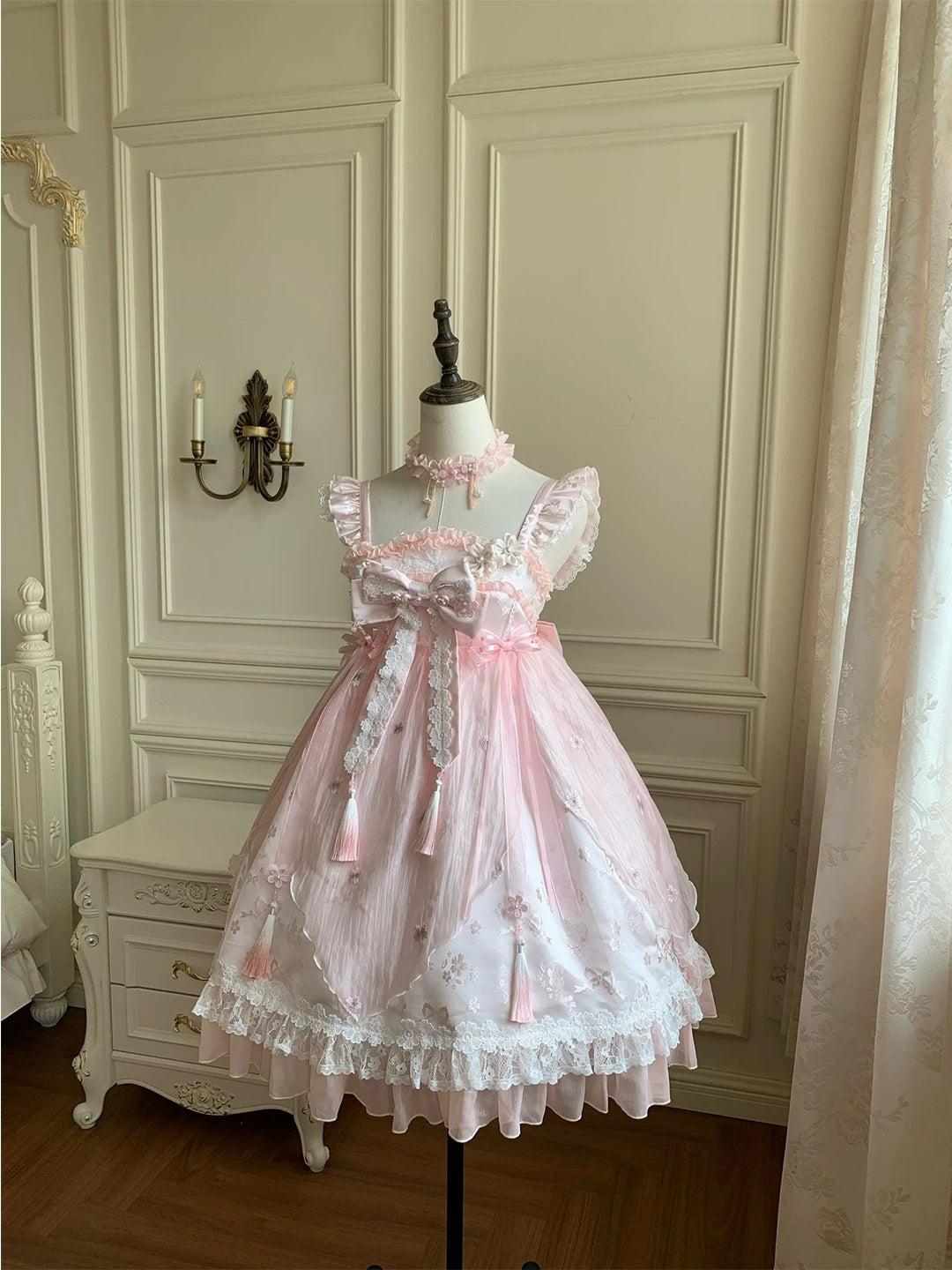 Creamy - Cherry Blossom Sweet - Pink High-Waisted JSK Dress with Floral Lace