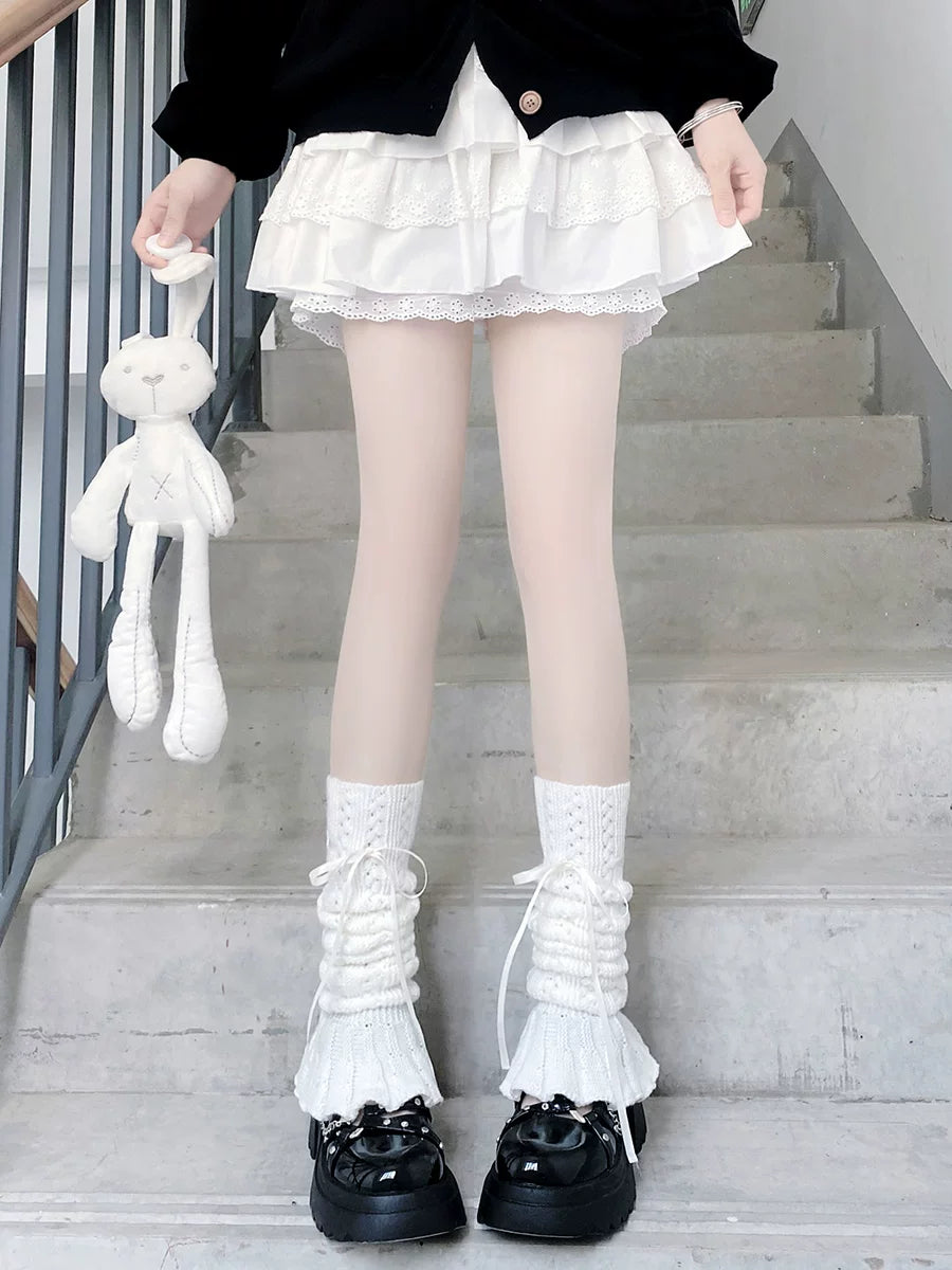 Floral Milk Cat - Ribbon Knit - Knitted Leg Warmers with Lace Cuffs and Ribbon Ties