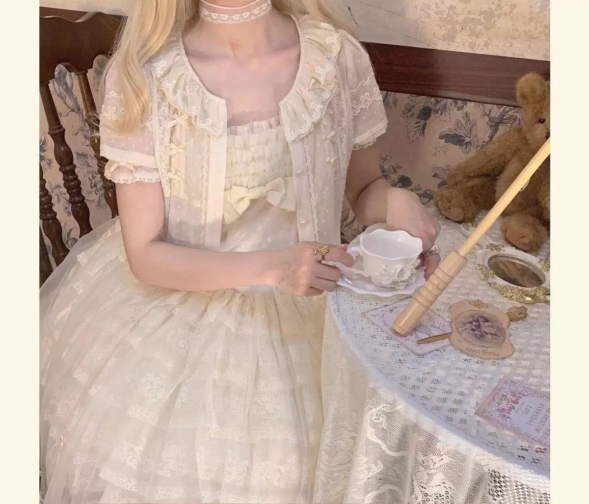 Sweetheart Dream Machine - Embroidered Dot Blouse - White or Ecru Lolita Blouse with Lace Ruffles and Bow Ties