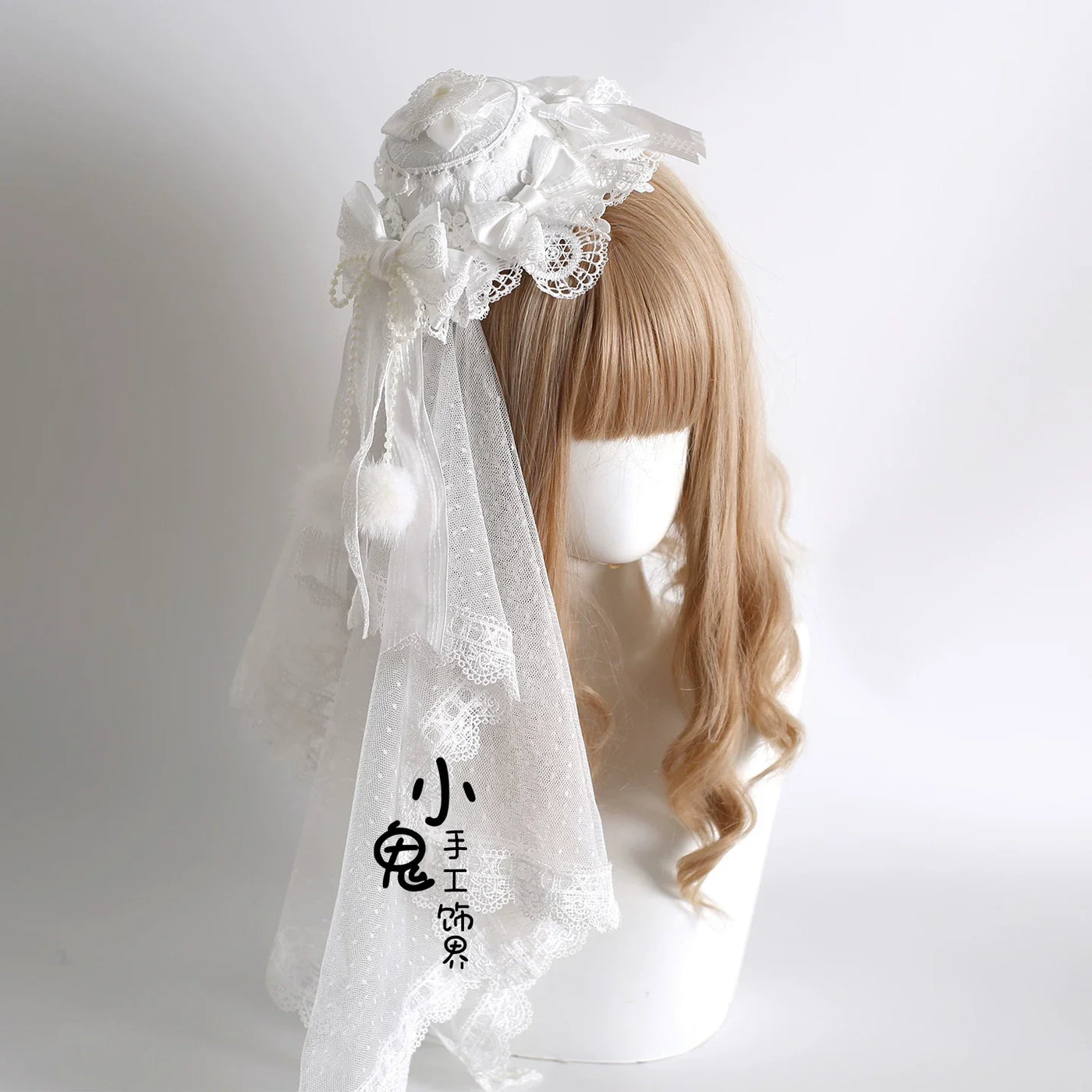 Sweet Lolita Headdress, Lace & Bow Small Top Hat + Small Head Veil (with fixed clip)