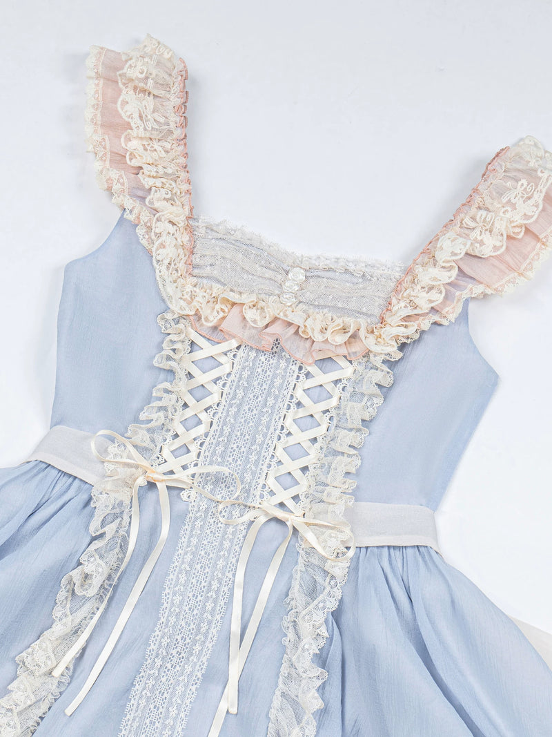 With PUJI - Island Diary - Classic Lolita Flutter Sleeve JSK Dress, Ruffled Lace detail view 4
