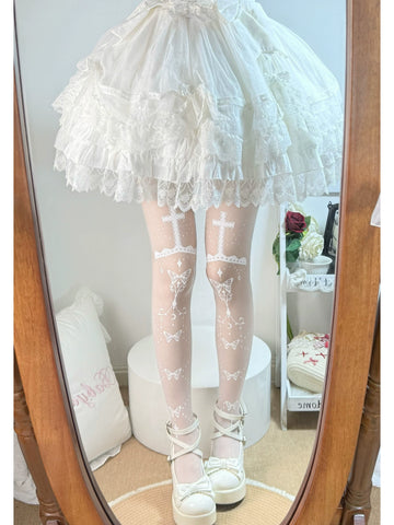 Fantasy Doll - Butterfly Prayer Cross - Printed Pantyhose with Butterfly and Cross Motifs