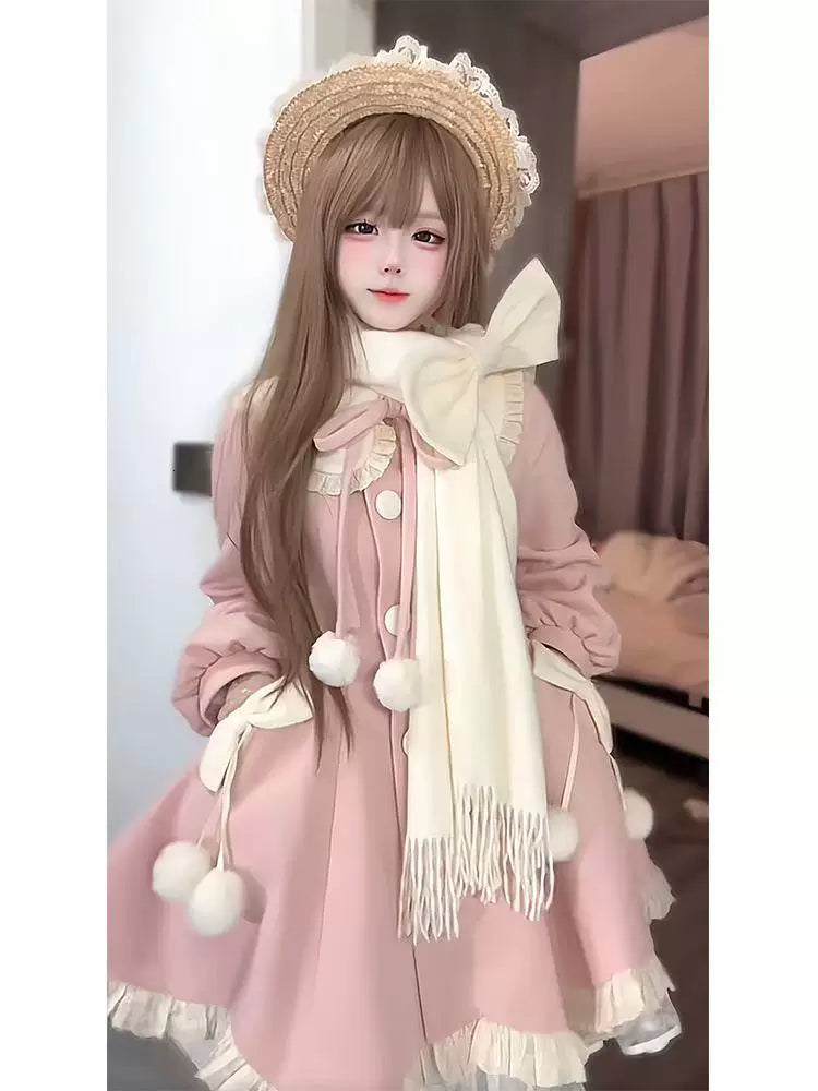 Sweetheart Dream Machine - First Love - Cotton-Padded Coat Dress and Bow Scarf Set