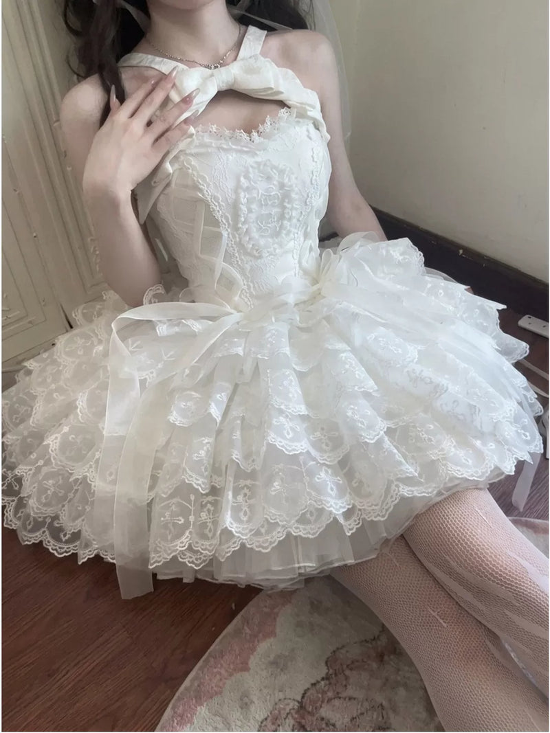 Creamy - White Swan Ballet - White halter-neck Lolita dress with a layered lace skirt