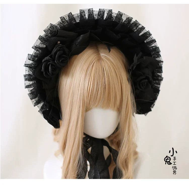 Xiaogui - Gothic Lolita Black Lace Flowers - Bonnet Headwear