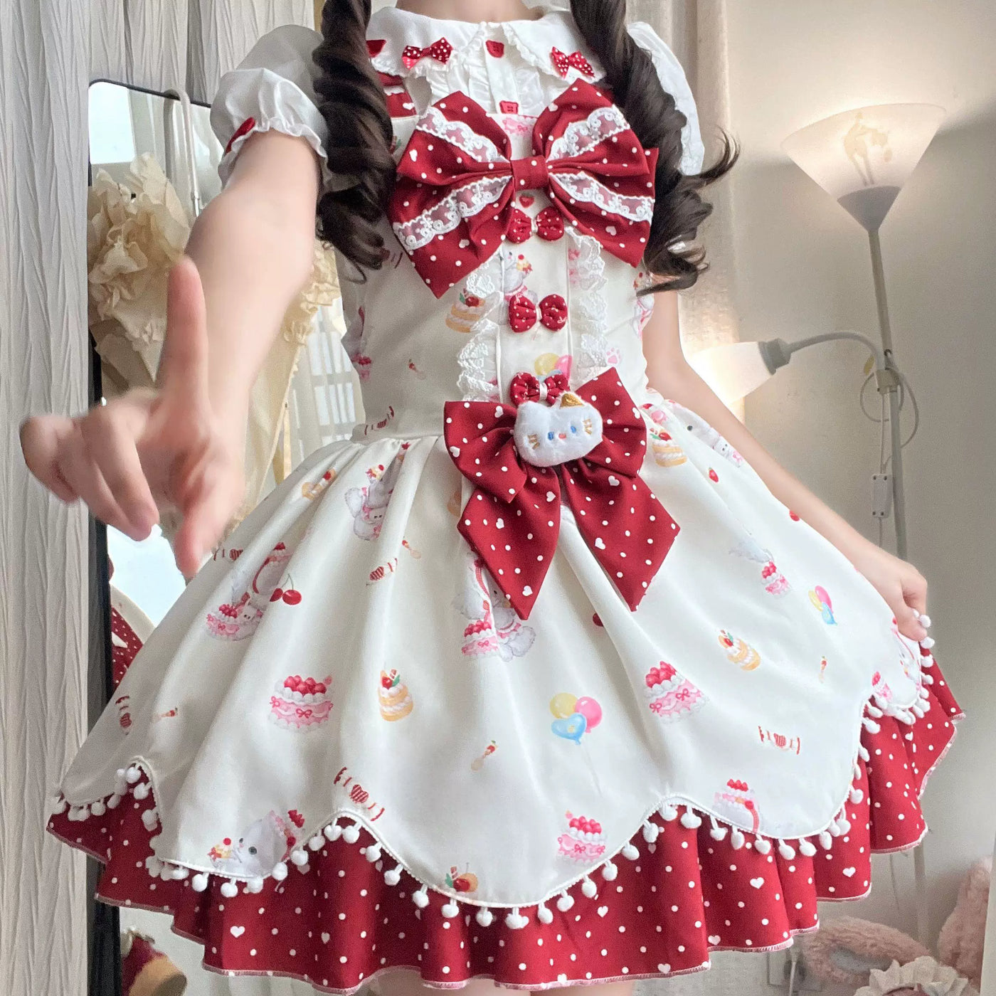 Sweetheart Dream Machine - Meow Meow Milk Cake - Printed JSK with Cherry-Red Bows