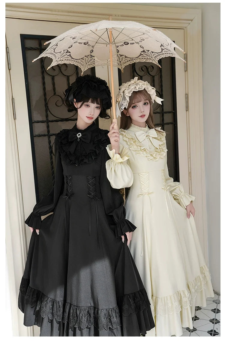 With PUJI - White Daylight - Elegant Lolita Long Sleeve OP Dress, Side Zipper