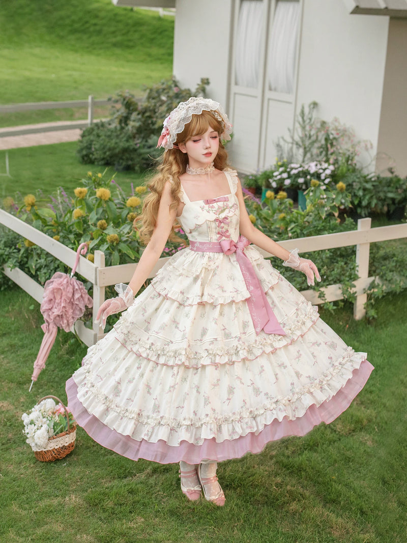With PUJI - Fragrant Reminiscence - Classic Lolita Embroidered Collar Dress, Bellflower Print detail view 3