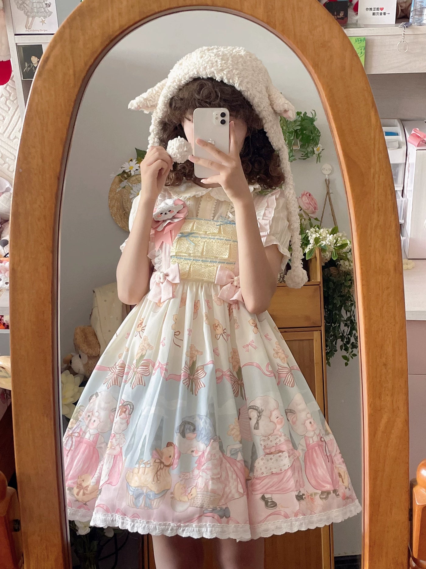 Cat Upon Cat - Sheep Waltz - Printed JSK with a Lace-Trimmed Hem