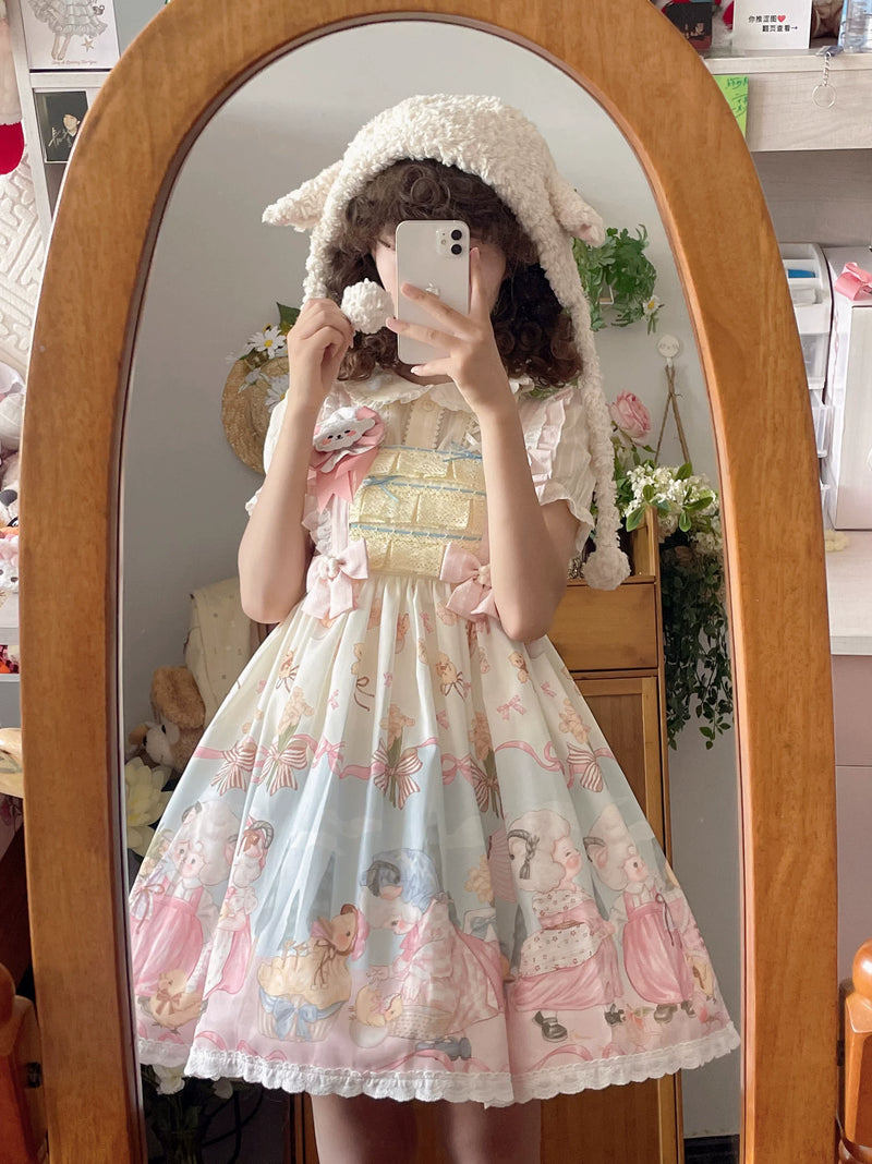 Cat Upon Cat - Sheep Waltz - Printed JSK with a Lace-Trimmed Hem