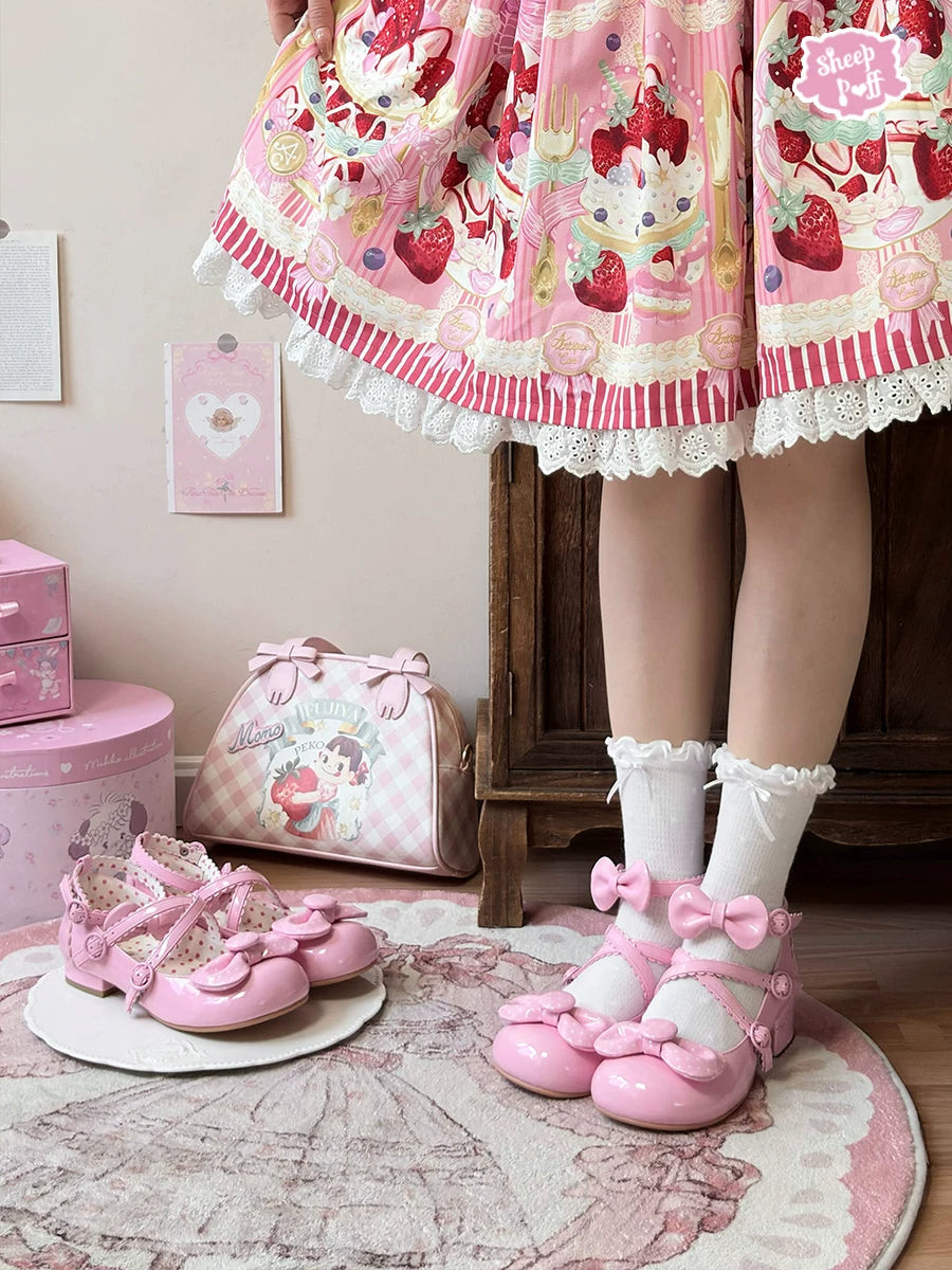 Sheep Puff vintage polka dot Lolita shoes with mid-low heels and sheep puff details on a classic shoe design.