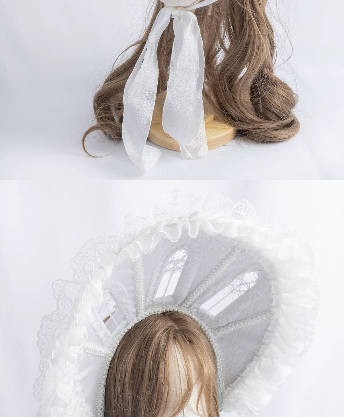 Lightbound Narrative - Cross Window - Bonnet with Lace Ruffle and Cross Motifs