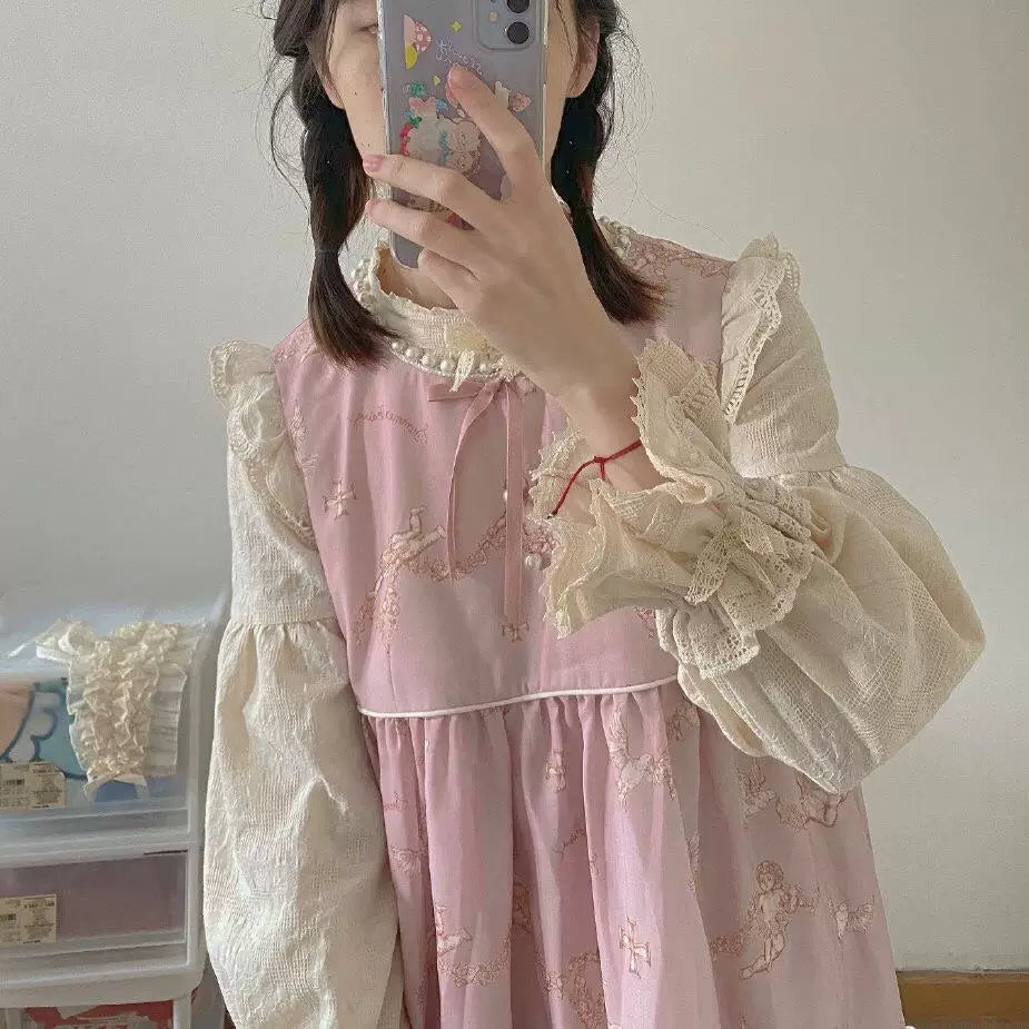 Sweetheart Dream Machine - Vintage Girlish - Blouse & Top with a Lace-Trimmed Stand Collar