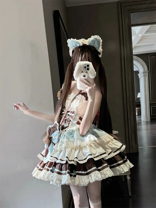 Creamy - Chocolate Bear Idol - Chocolate-toned Lolita skirt set with teddy-bear accents