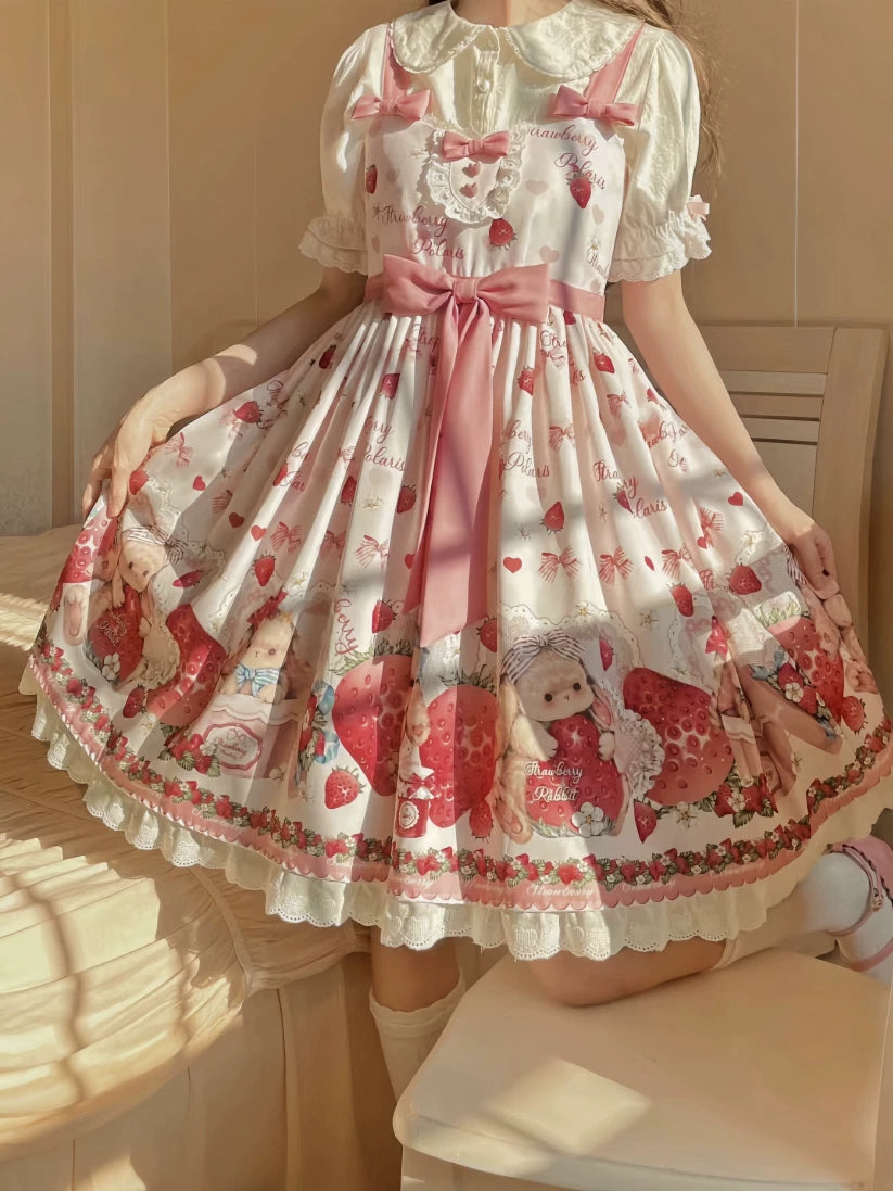Sweetheart Dream Machine - Rabbit Strawberry Gift Box - Pink JSK Dress with a Rabbit-and-Strawberry Print