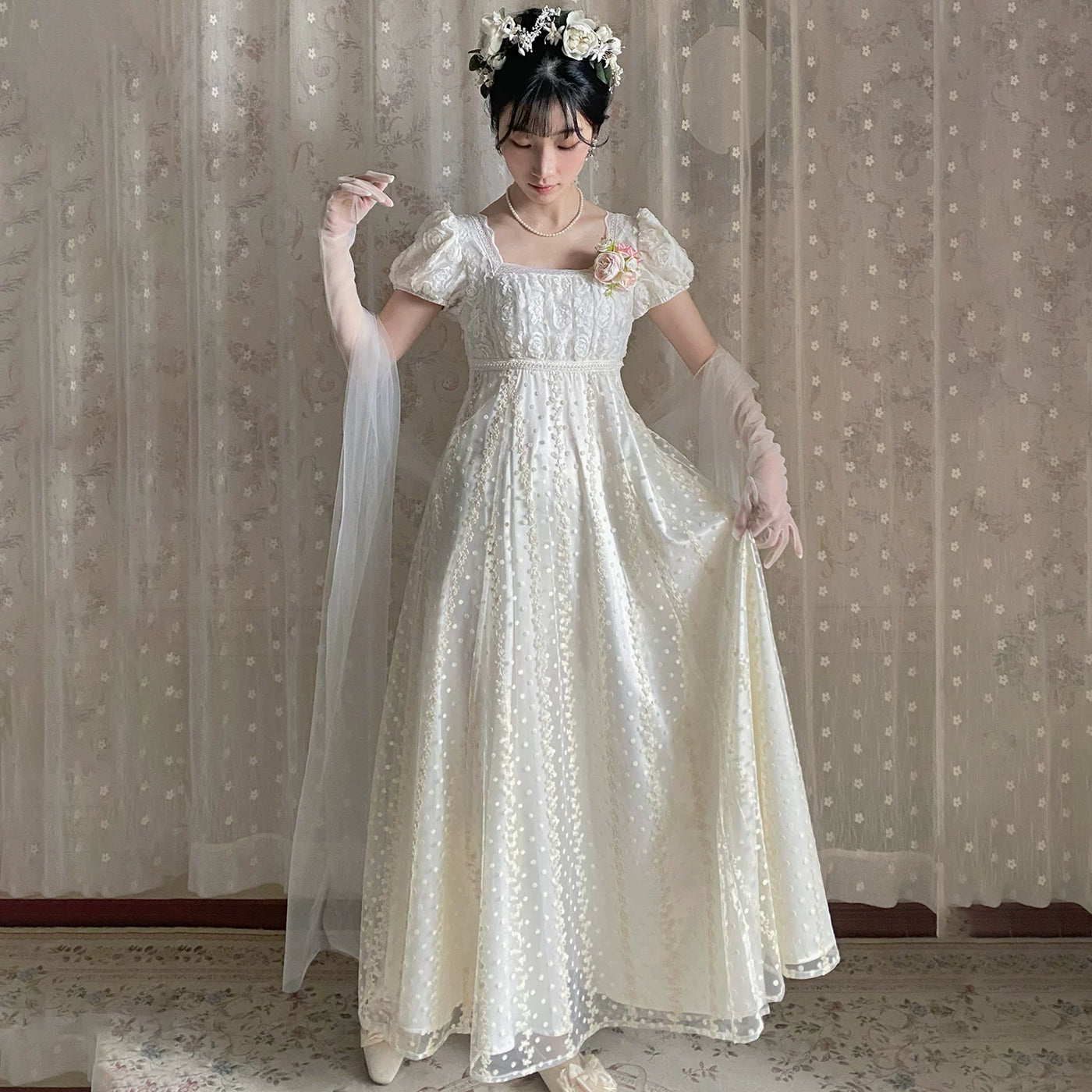 Moon Lily - Misty Rose - Empire-Waist Lolita Dress with a Matching 3-Metre Wrap – detail view 4