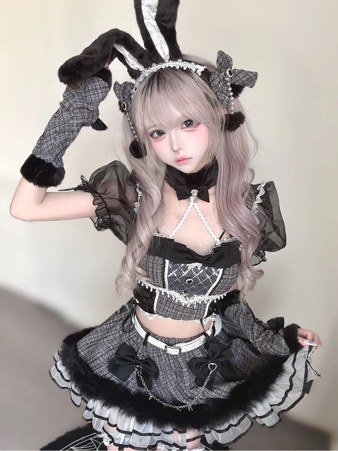 Coffee-colored Lolita dress set with cream apron panel shown from front and back