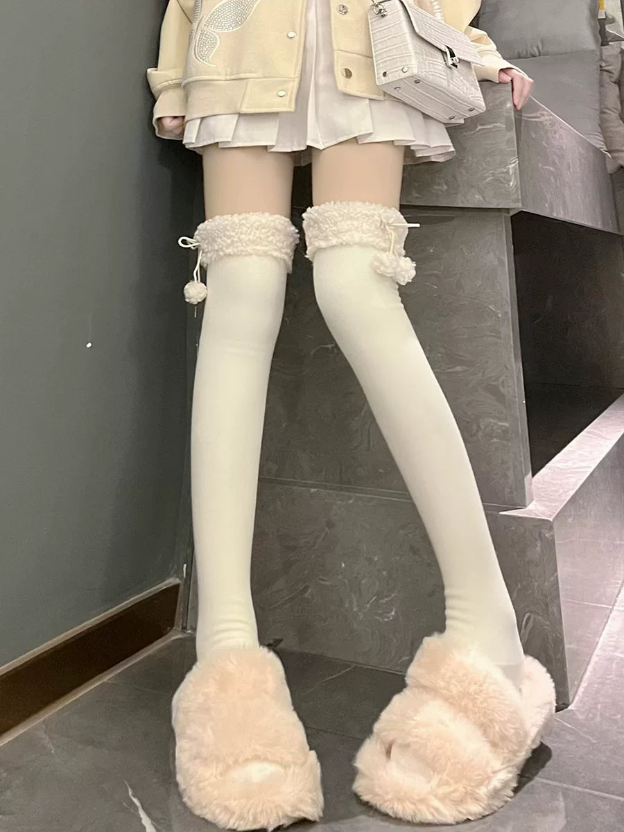 Floral Milk Cat - Milky Pom-Pom - Over-the-Knee Socks with Fleece Trim