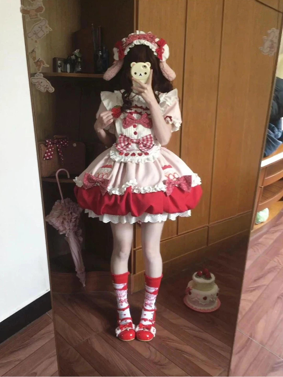 Creamy - Strawberry Doll - Pink OP one-piece dress with strawberry motifs