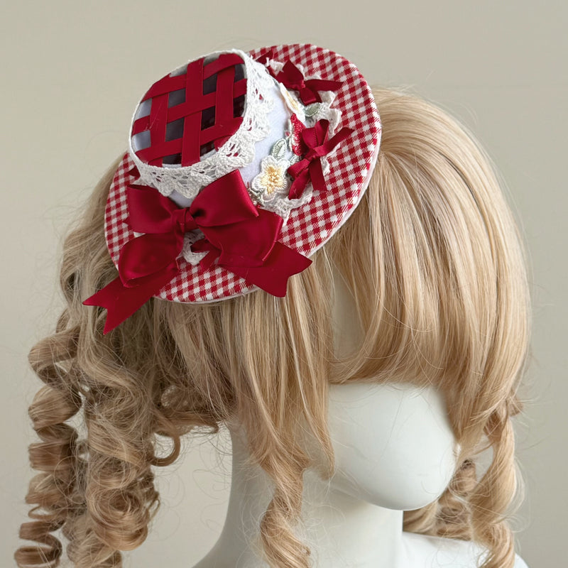 Her Vintage Society Strawberry Garden Red Riding Hood — No. 5 Red Strawberry Openwork Mini Flat Hat with Hidden Clip