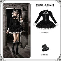 With PUJI - Klin - Gothic Lolita OP Dress, Ruffle Trim - Black short OP 2-piece set (black short OP + black hat) - Pre-order, ship gradually from Nov 7 / S