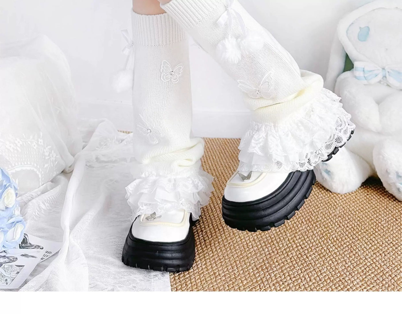 Floral Milk Cat - Butterfly Pom-Pom - Knit Leg Warmers with Lace Ruffles