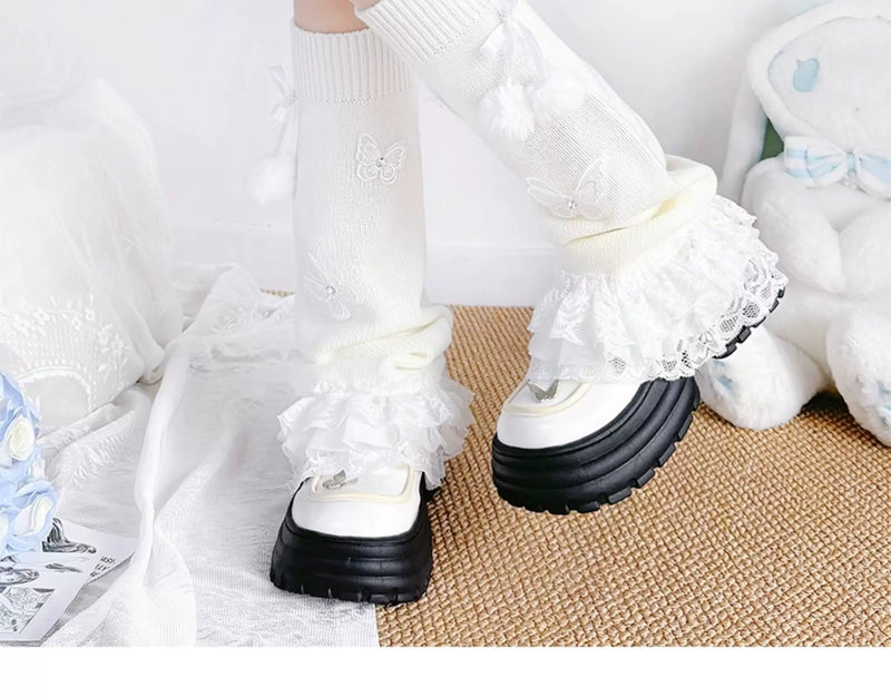 Floral Milk Cat - Butterfly Pom-Pom - Knit Leg Warmers with Lace Ruffles