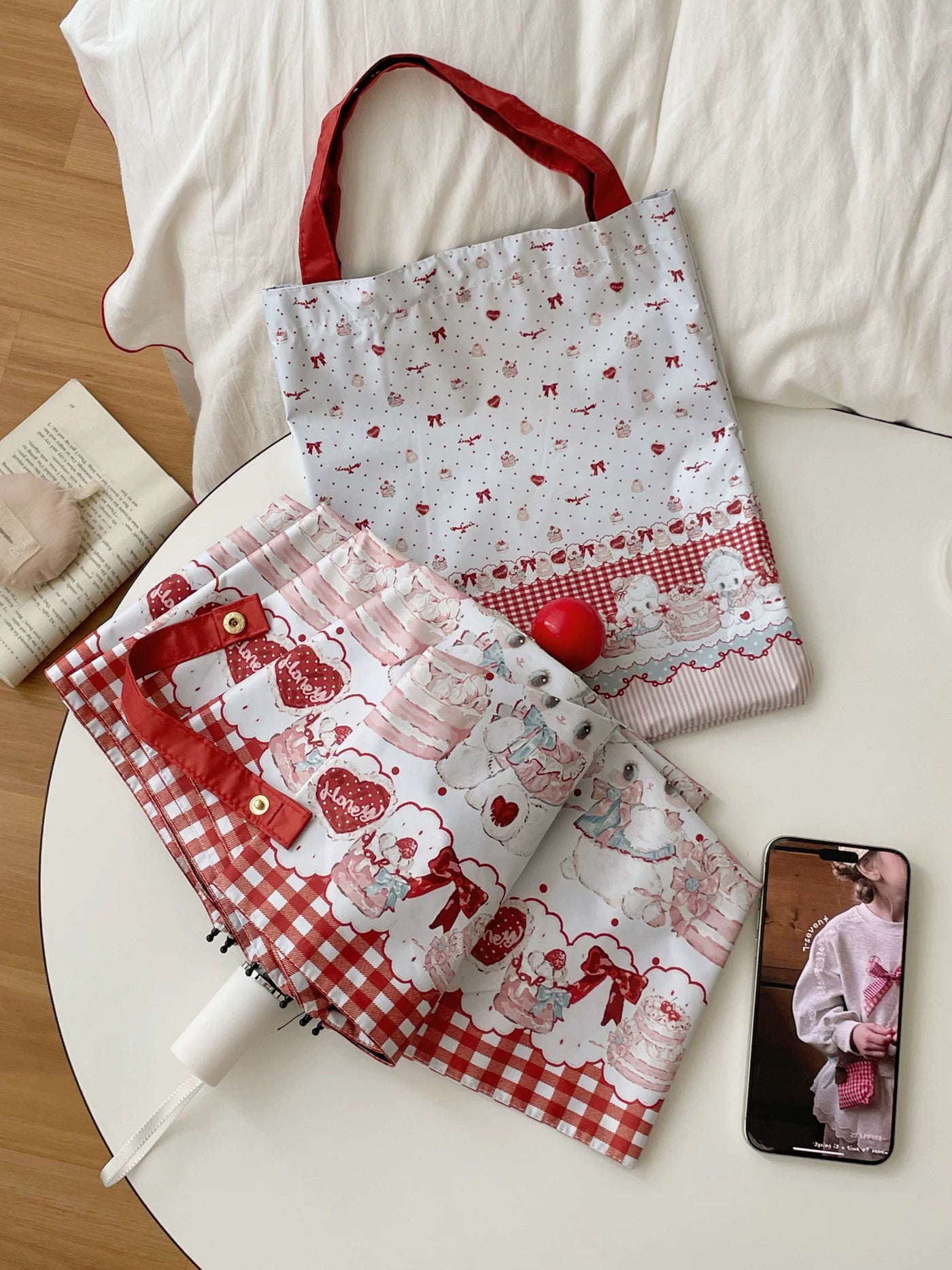 Independent Brand - Little Sheep - Printed Lolita Parasol with Red Plaid Border