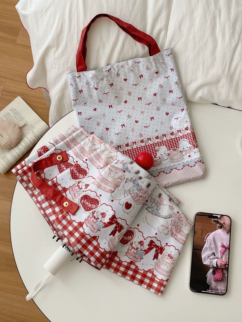Independent Brand - Little Sheep - Printed Lolita Parasol with Red Plaid Border