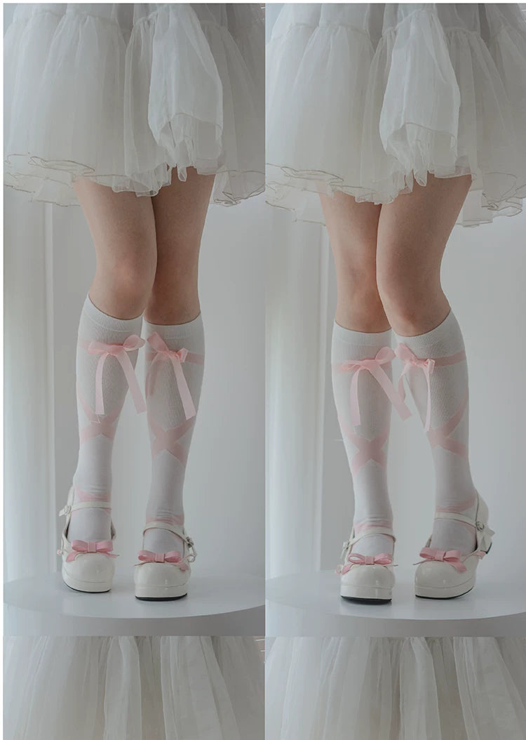roji roji - Ribbon Strap - Cotton Mid-Calf Socks with Crossed Ribbon Straps