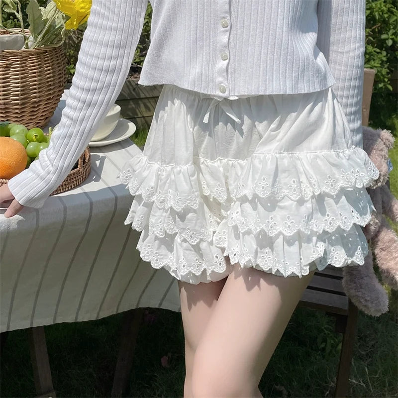 Sugar Girl - Cotton Lolita Bloomers - Tiered Hem Cake Shorts Neckwear