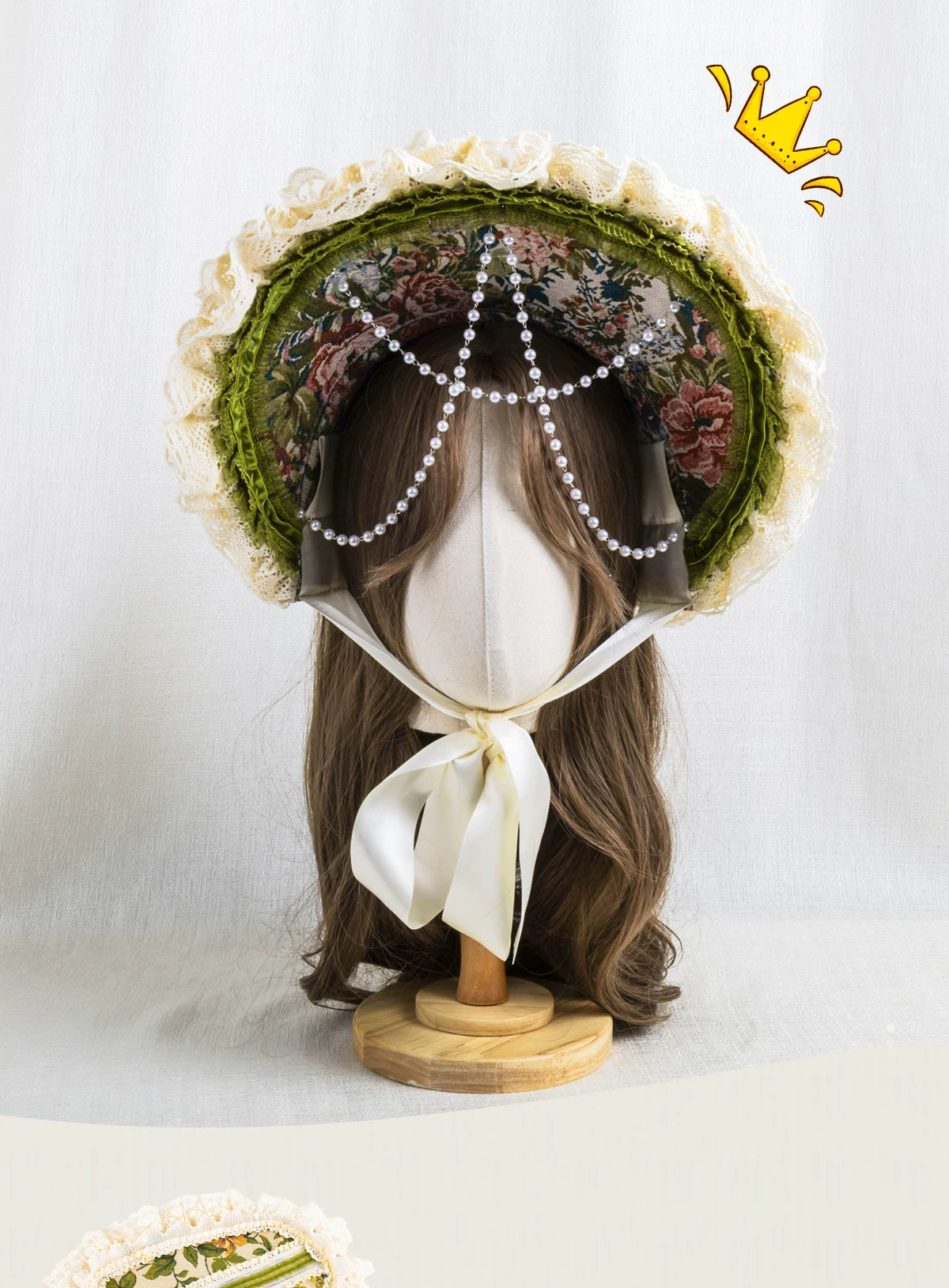 Lightbound Narrative - Manor Rose - Lace-trimmed flat hat or bonnet with floral accents
