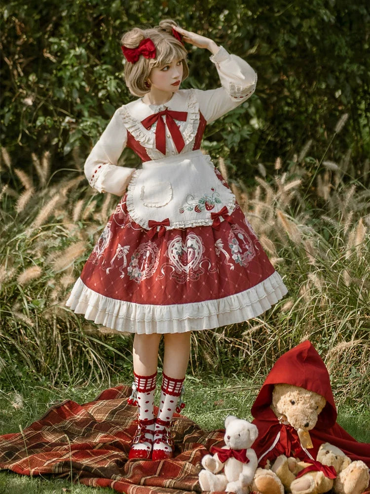 Your Princess - Strawberry Diary - Sweet Lolita Strawberry Print OP Dress with Cape