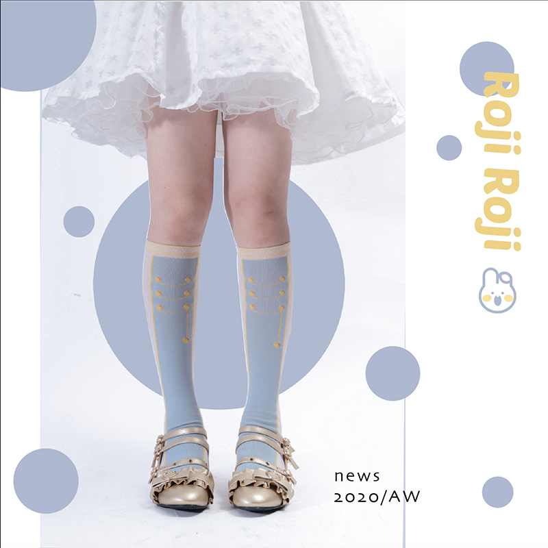 Blue white Nutcracker Lolita knee-high socks with cream and gold stripe cuff details