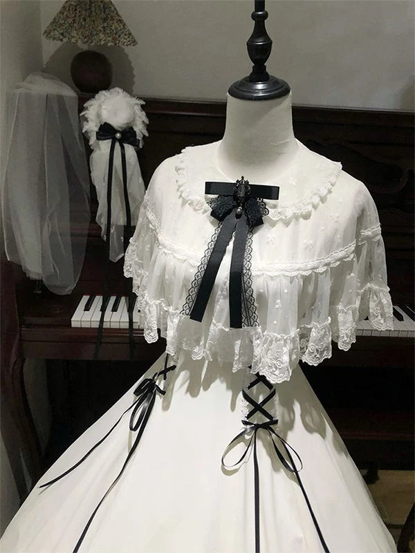Creamy - Monochrome Ribbon - White Lolita Dress with Lace-Trimmed Overlay